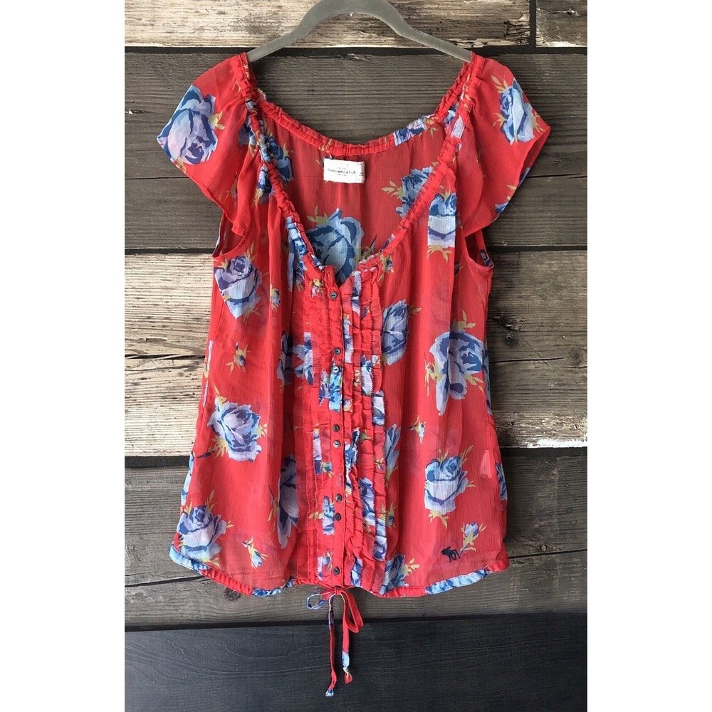 Abercrombie & Fitch Women's L Sheer Red Floral Cap Sleeve Blouse V-neck Ruffle